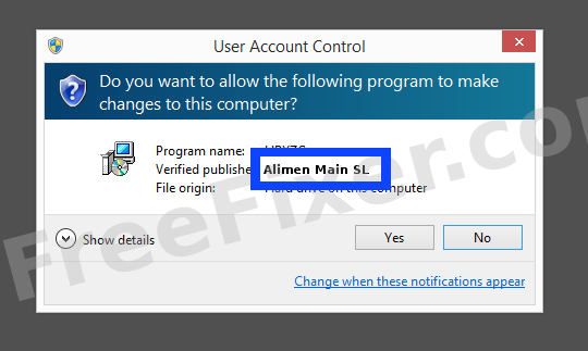 Screenshot where Alimen Main SL appears as the verified publisher in the UAC dialog